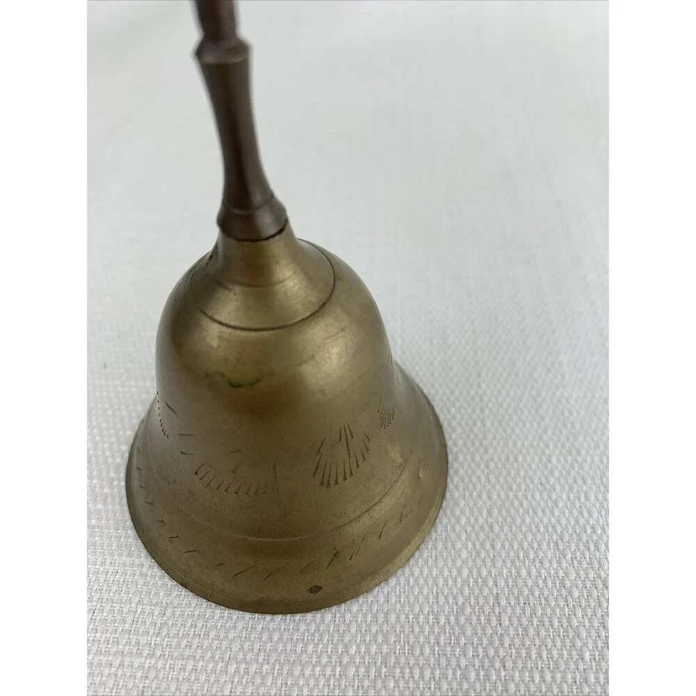 Vintage 6” Etched Brass Bell Made‎ In India Hand Bell Ringer Dinner Table